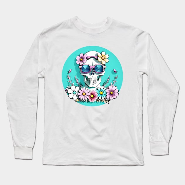 Skull and Flowers Long Sleeve T-Shirt by Dark Art World